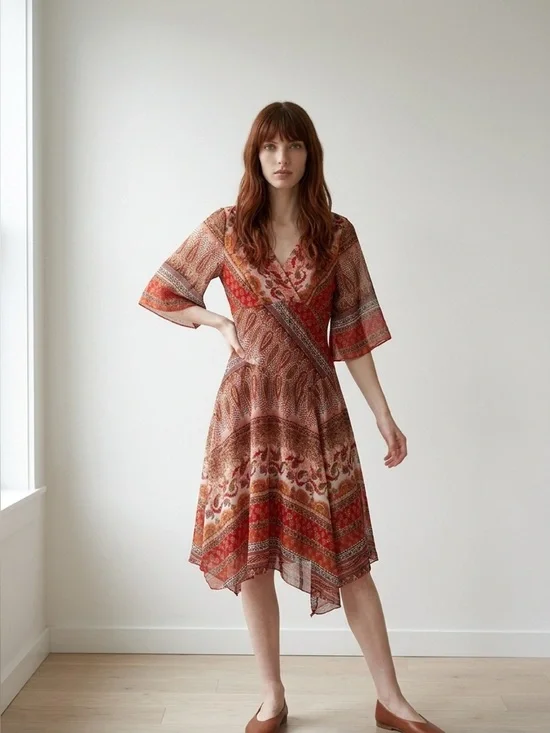 Asymmetrical Red Paisley V-Neck Midi Dress - Picture 2 of 7